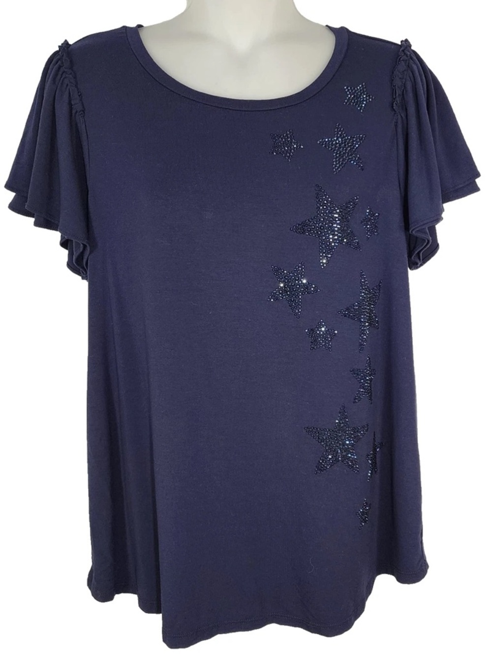 Chico’s Star Embellished Touch of Cool Tee Flutter Sleeve Navy Sz Large / 2 NWT
